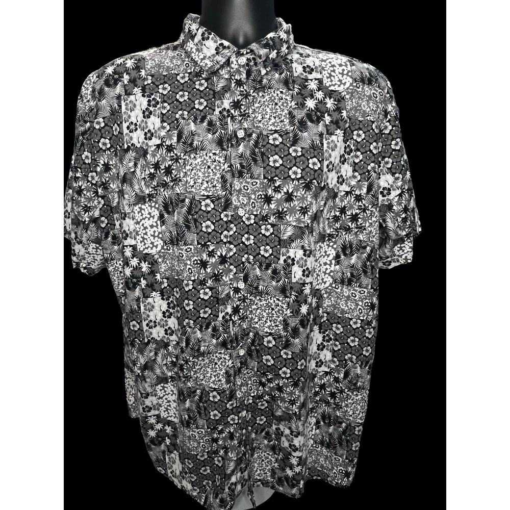 SSLR Men’s XL Hawaiian Shirt Black White Patch Floral Aloha‎ Summer Vacation